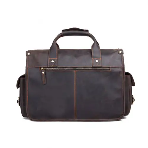 Vintage Leather Travel Duffle Bag with Dual Buckle Front Pockets and Zippered Compartment